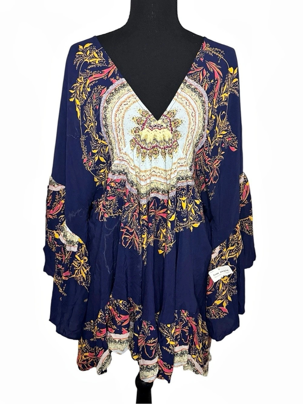 NWT Free People Sunset Dreams Tunic Blouse Navy Blue Boho Size L